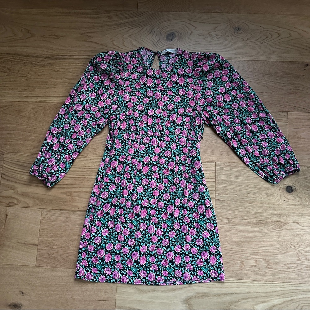 Zara Floral Black Pink Mini Dress Size Medium